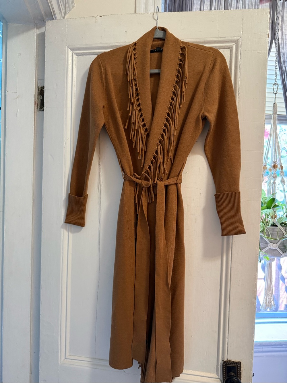 Cyrus size XS Fringe-Trim Long Knit Cardigan - Warm Brown